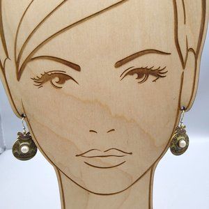 Vintage Brass Ornament Dangle Earrings, Ornate Gold Tone with Green Enamel